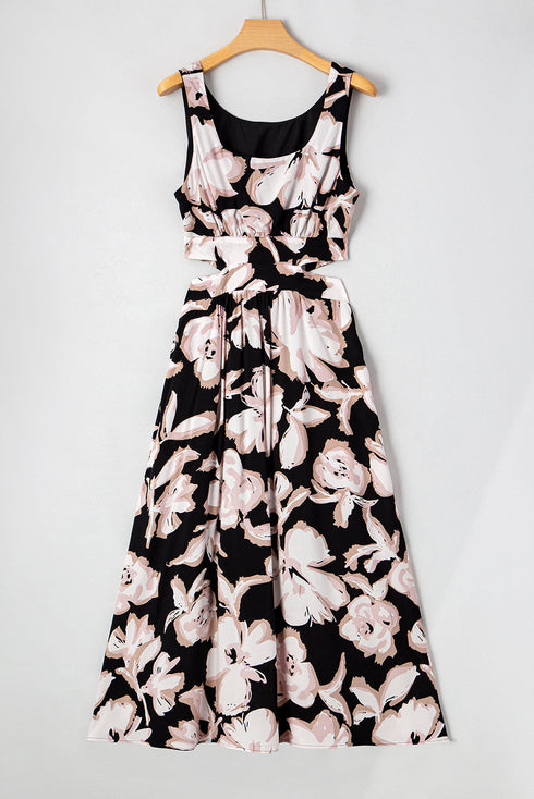 Black Floral Cutout Square Neck Knot Back Sleeveless Maxi Dress